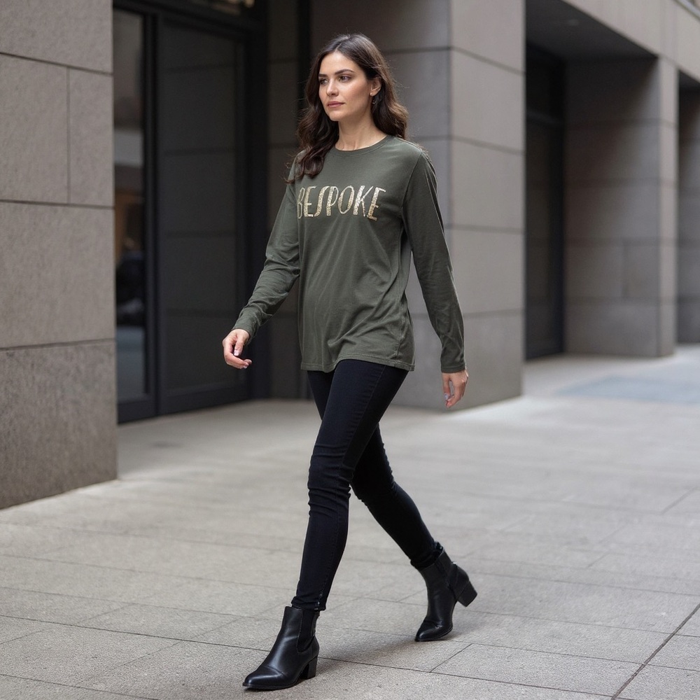 Bespoke Olive Green Long Sleeve Tee – Sparkle Graphic (Size S)